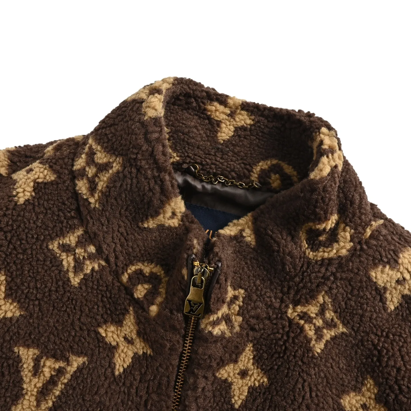 Louis Vuitton/Louis Vuitton dark brown all-over printed old flower Teddy polar fleece stand-up collar jacket